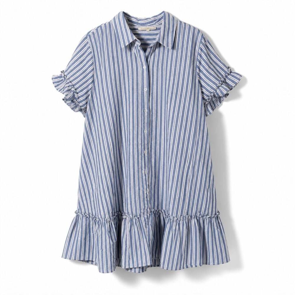 Kings Road Women's Blue and White Striped Short Sleeve Button-Front Ruffle